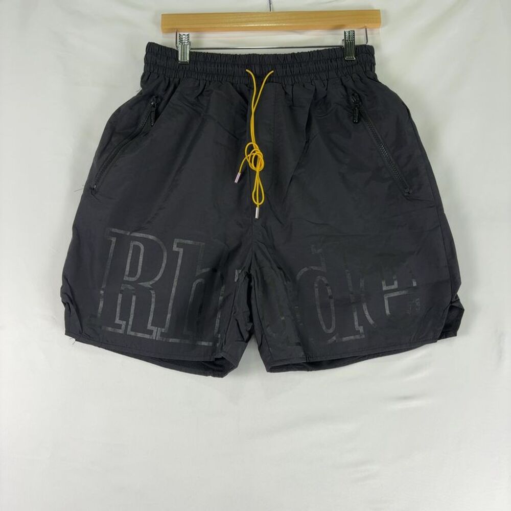 Rhude Black Athletic Swim Shorts with Yellow Drawstring